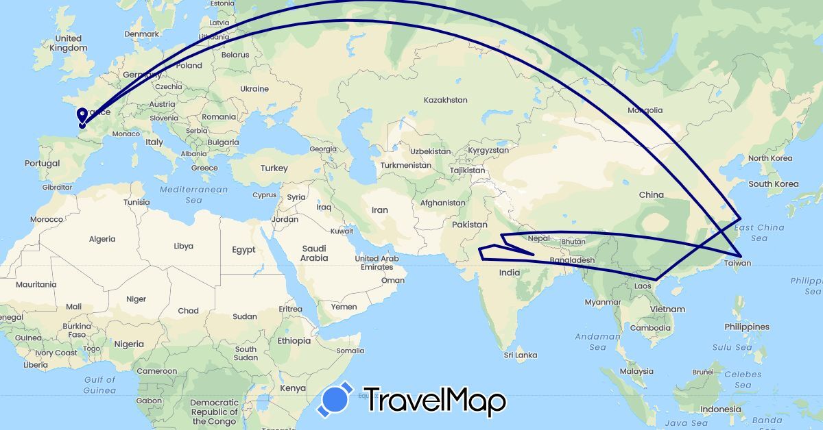 TravelMap itinerary: driving in China, France, India, Taiwan, Vietnam (Asia, Europe)